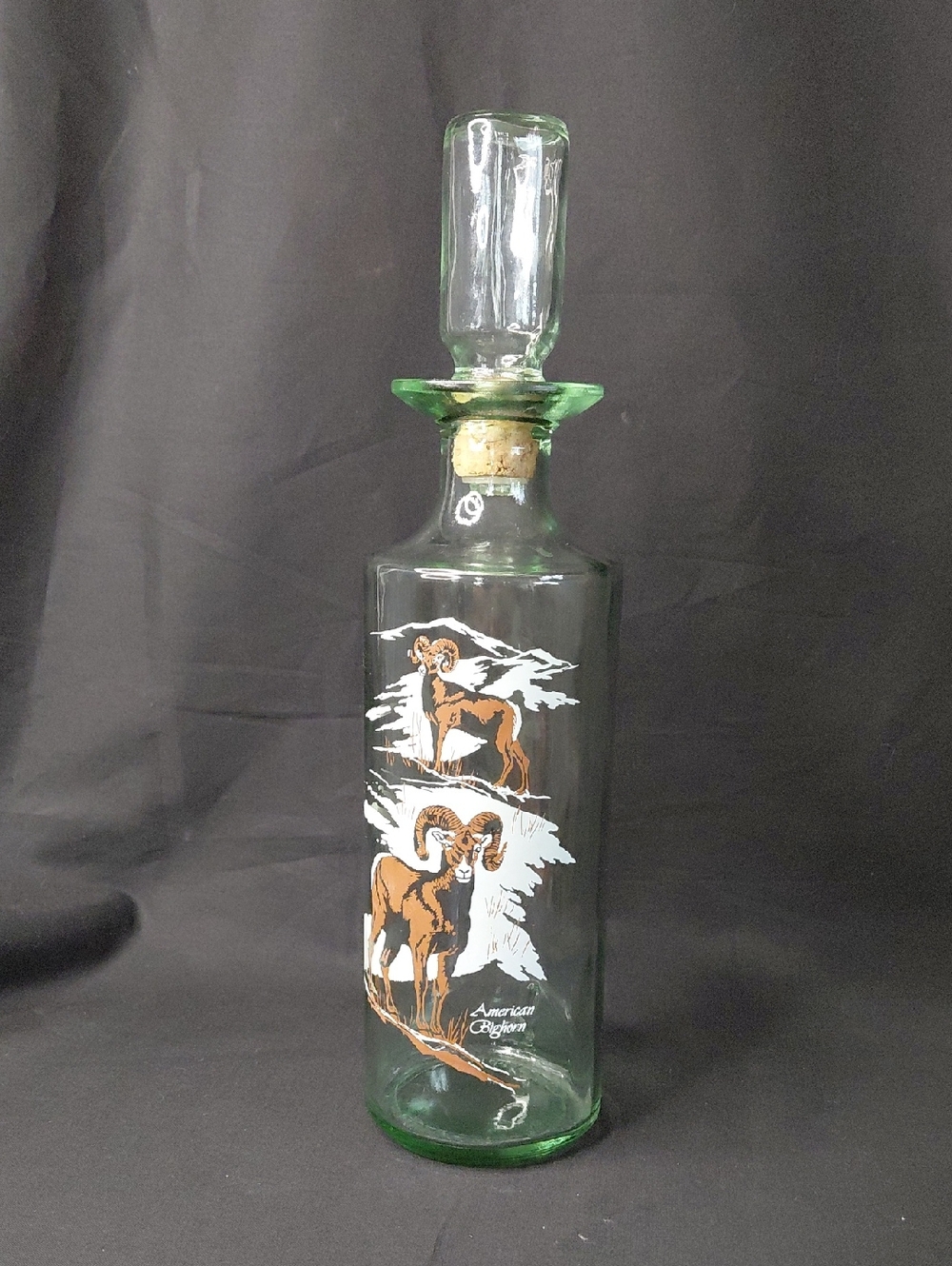 Green Glass Decorative Bottle "American Bighorn" with Built In Shot Glass